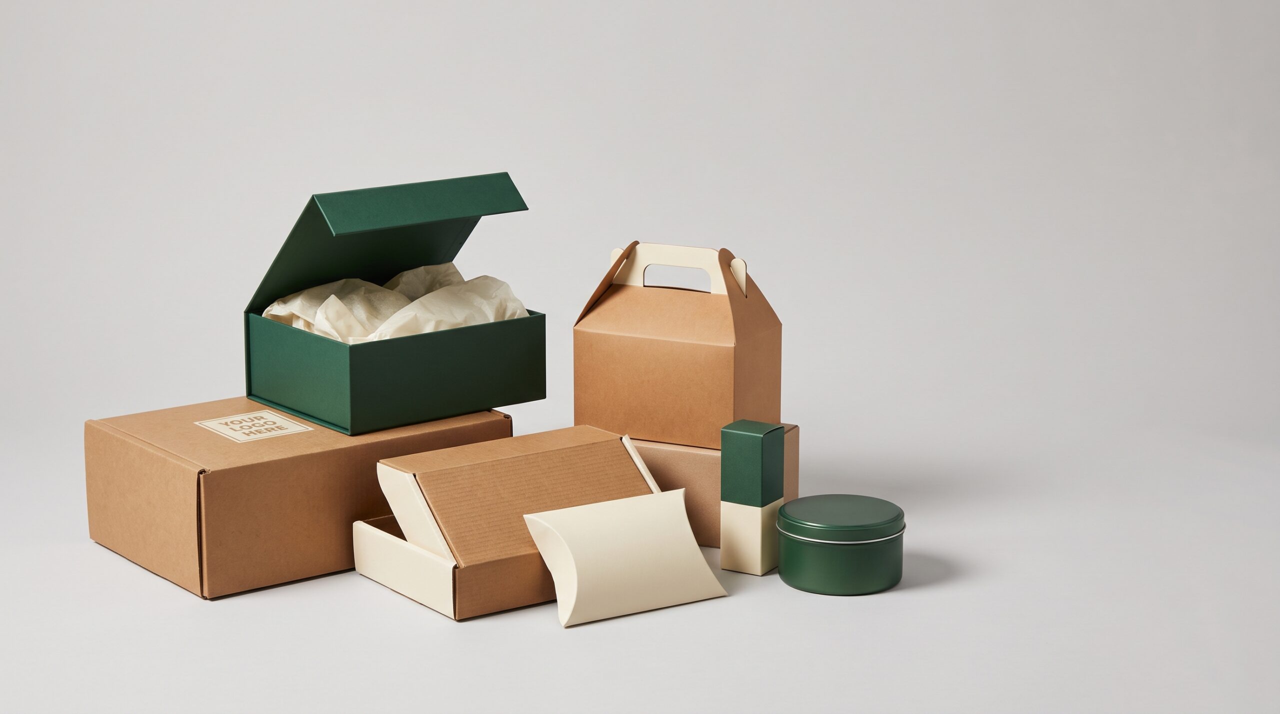 Custom packaging box family in forest green and kraft brown, including a rigid gift box, mailer box, pillow box, gable box, and tin, from The Best Price Boxes