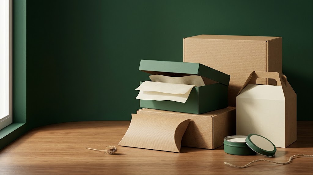 Custom packaging box family styled against a green wall, with a forest-green rigid box, kraft shipping box, gable box, and pillow box, from The Best Price Boxes