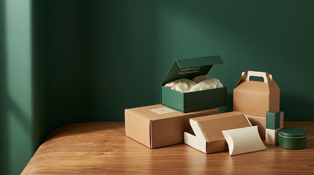 Open forest-green unboxing packaging box beside a kraft gable box against a green wall, custom packaging from The Best Price Boxes