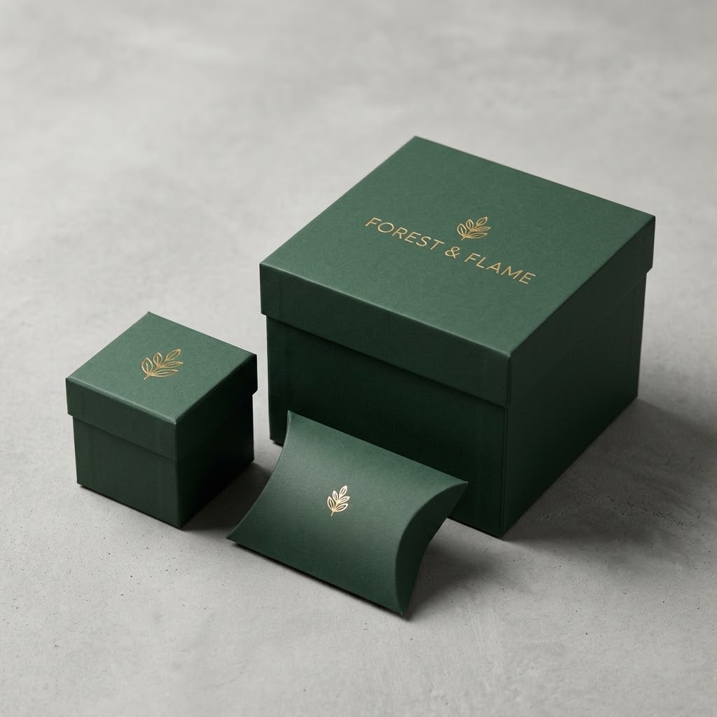 Set of three green custom-branded gift boxes with gold foil logo printing, an example of custom logo packaging from The Best Price Boxes