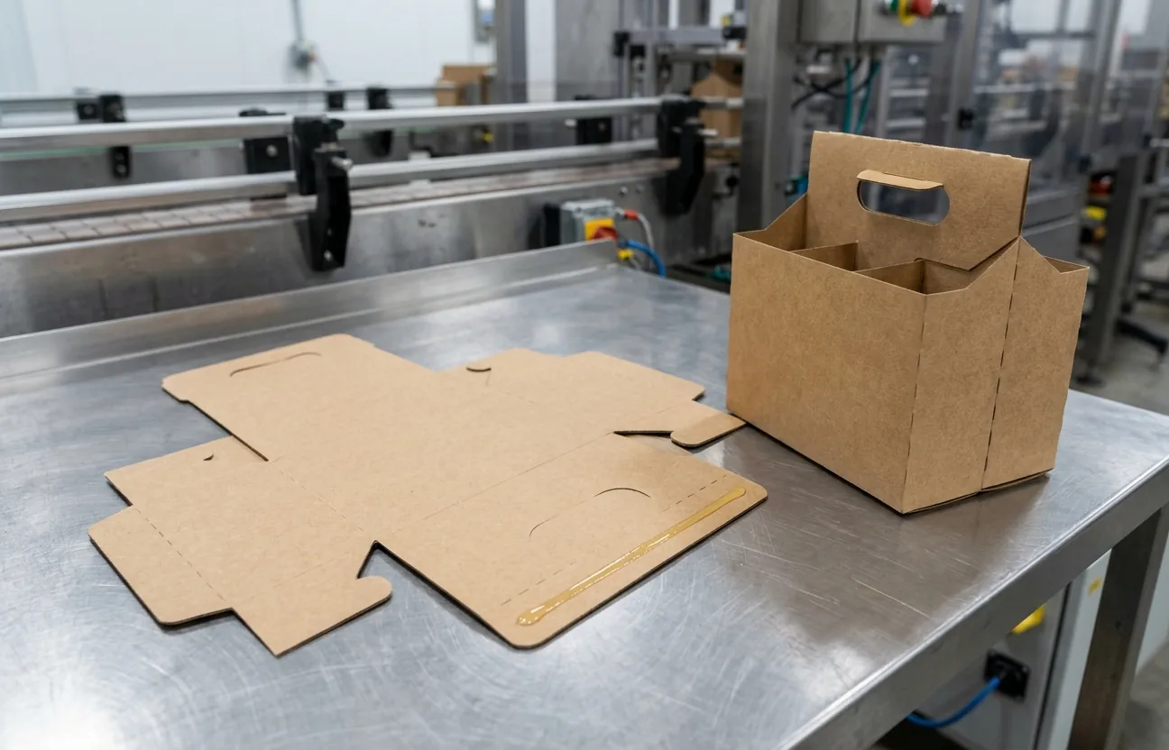 Flat die cut blank beside a folded kraft paperboard basket carrier for cans