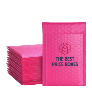 Stack of pink custom poly bubble mailers with a TBPB logo printed on the top mailer, folded flat and stacked ten high