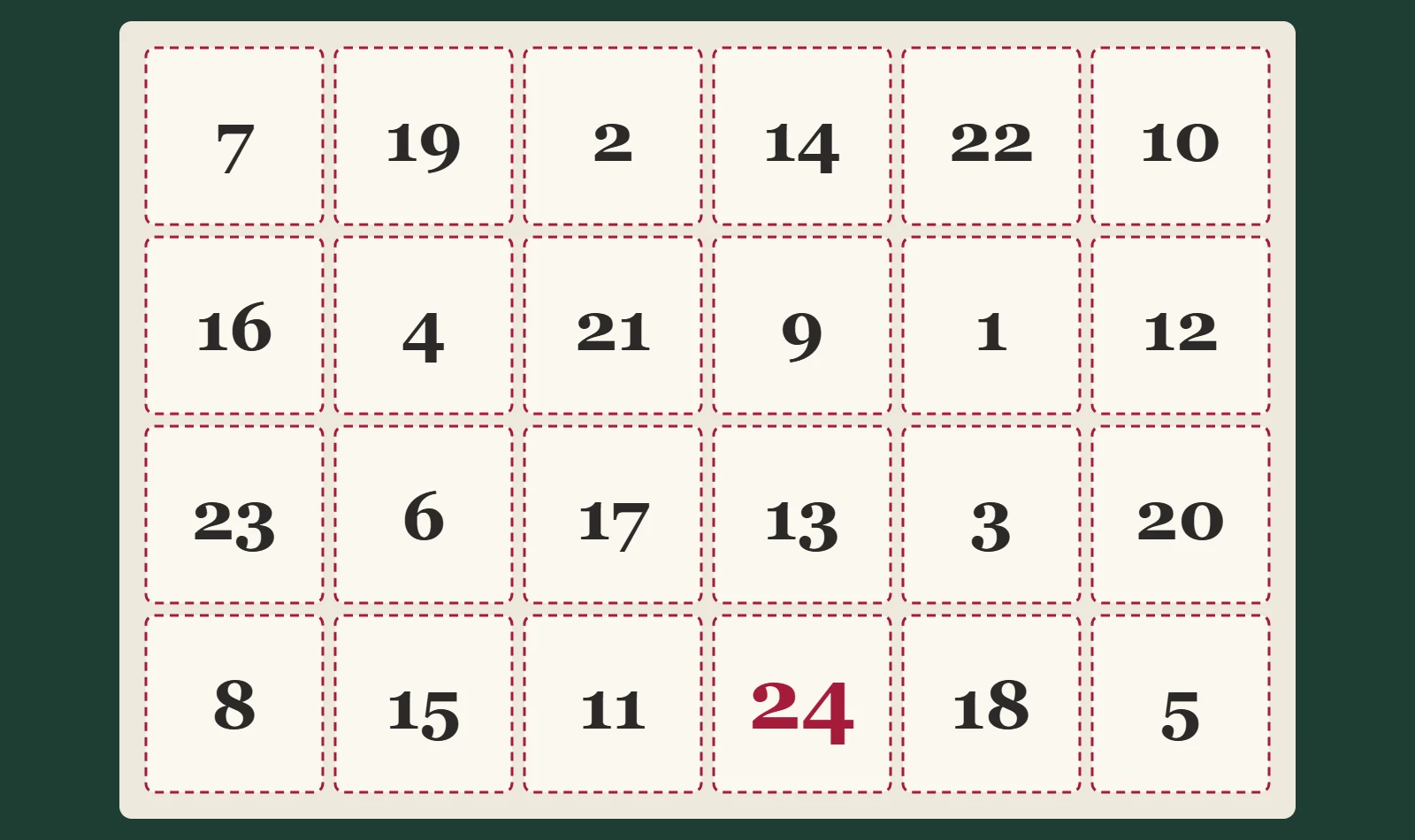 Front of a 24 day advent calendar box with a 6 by 4 grid of numbered doors