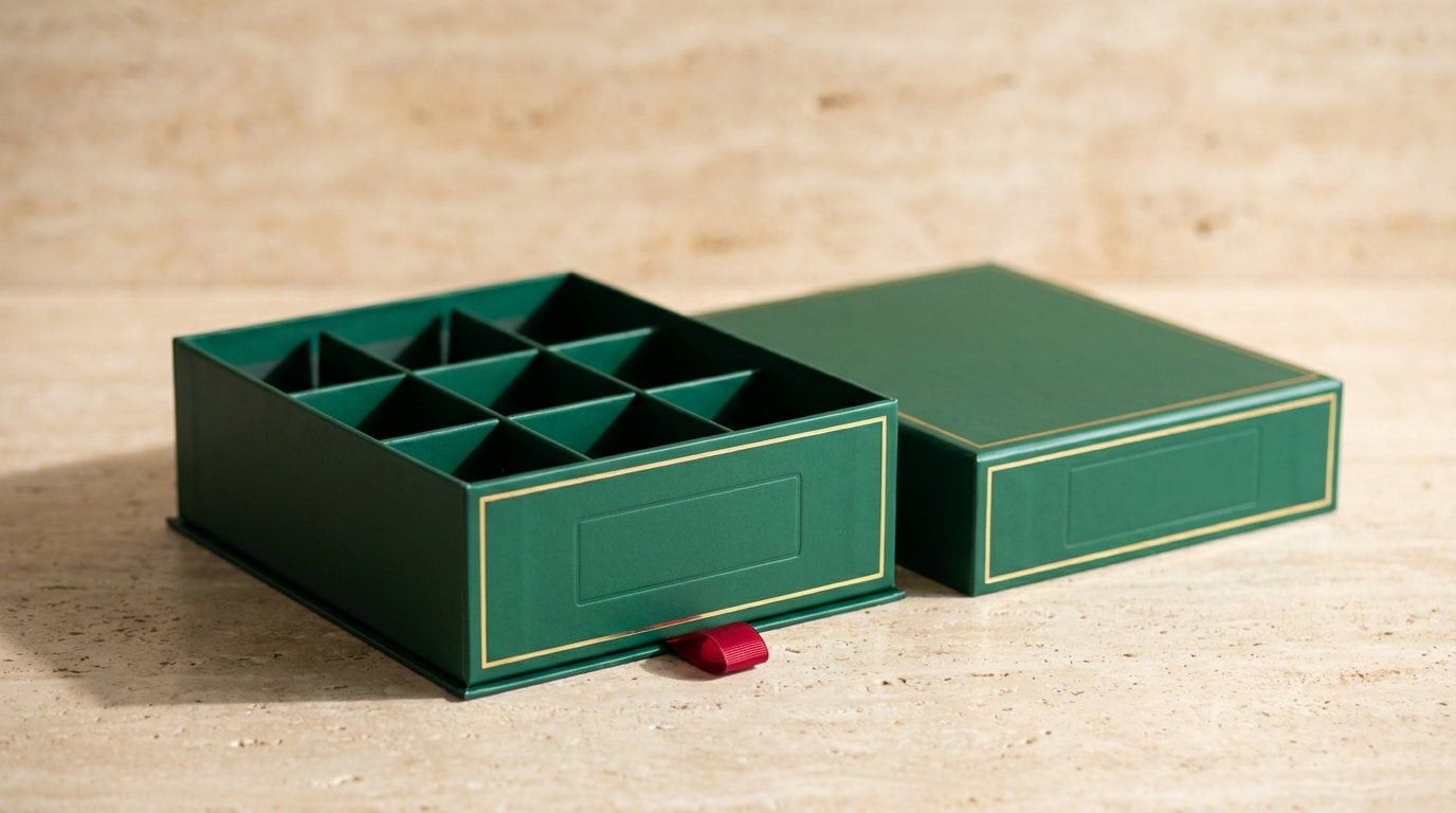 An emerald beer tray with the lid set aside and an empty divider insert
