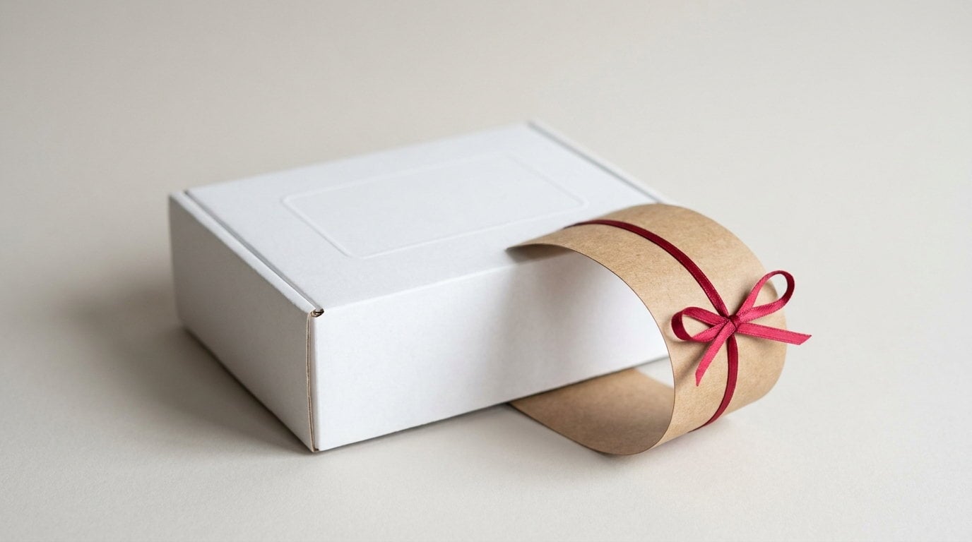 A kraft belly band slid halfway off a white box