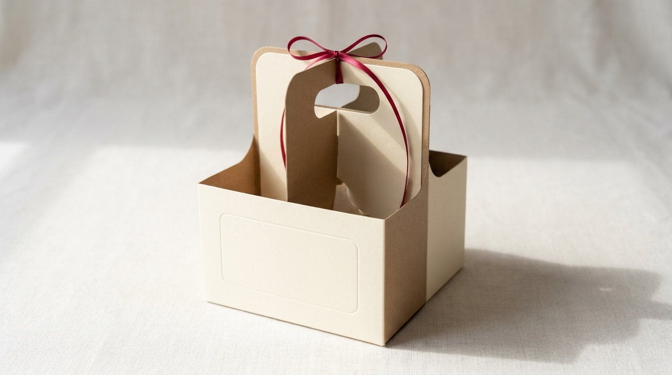 A four-cup beverage carrier open with empty dividers