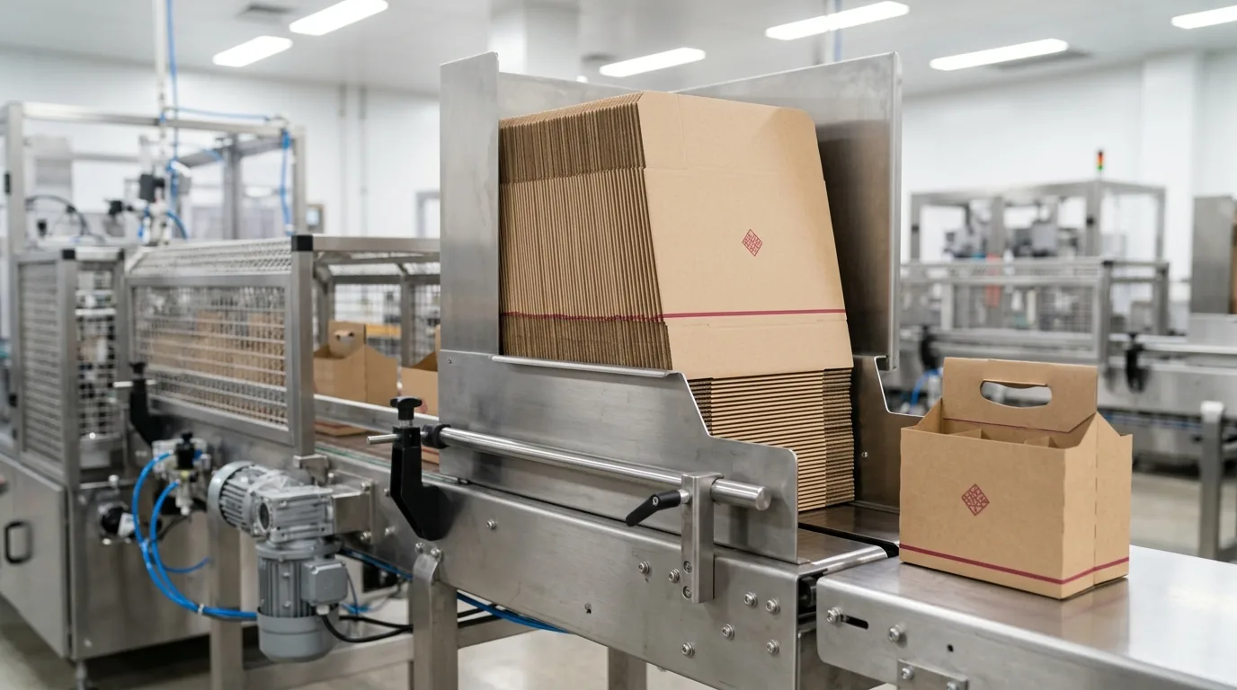 Flat paperboard carton blanks stacked in a cartoner magazine on a beverage packing line