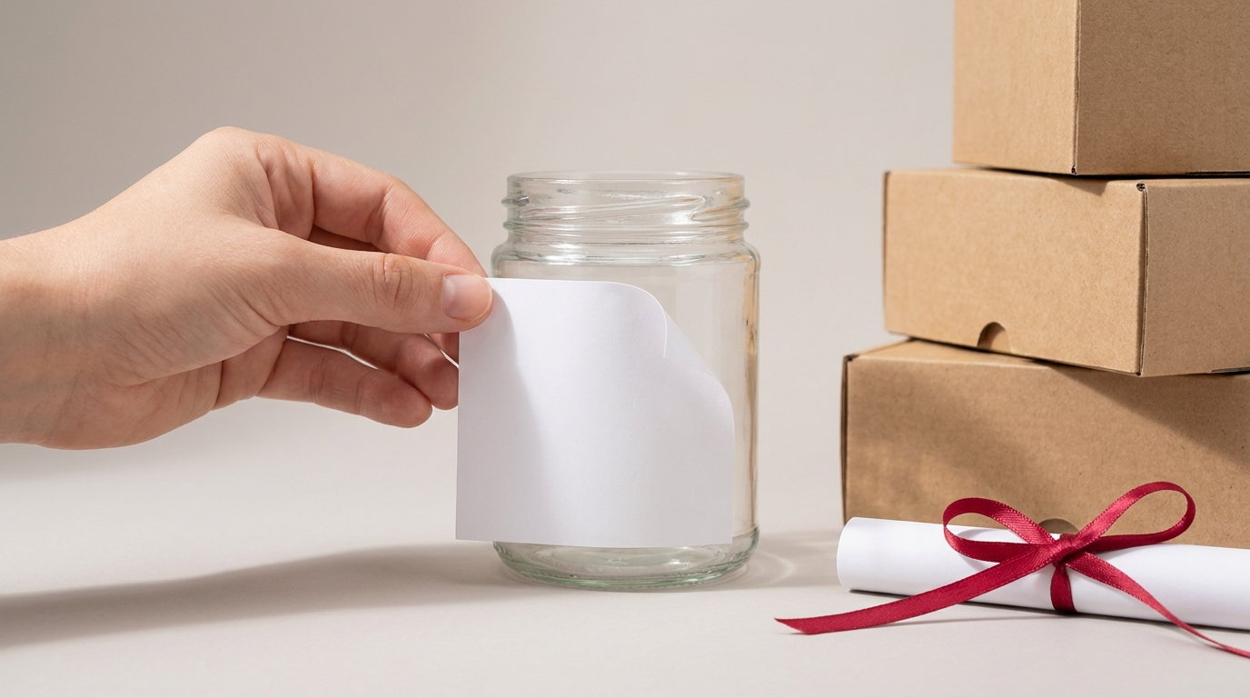 A blank white label being smoothed onto a plain jar