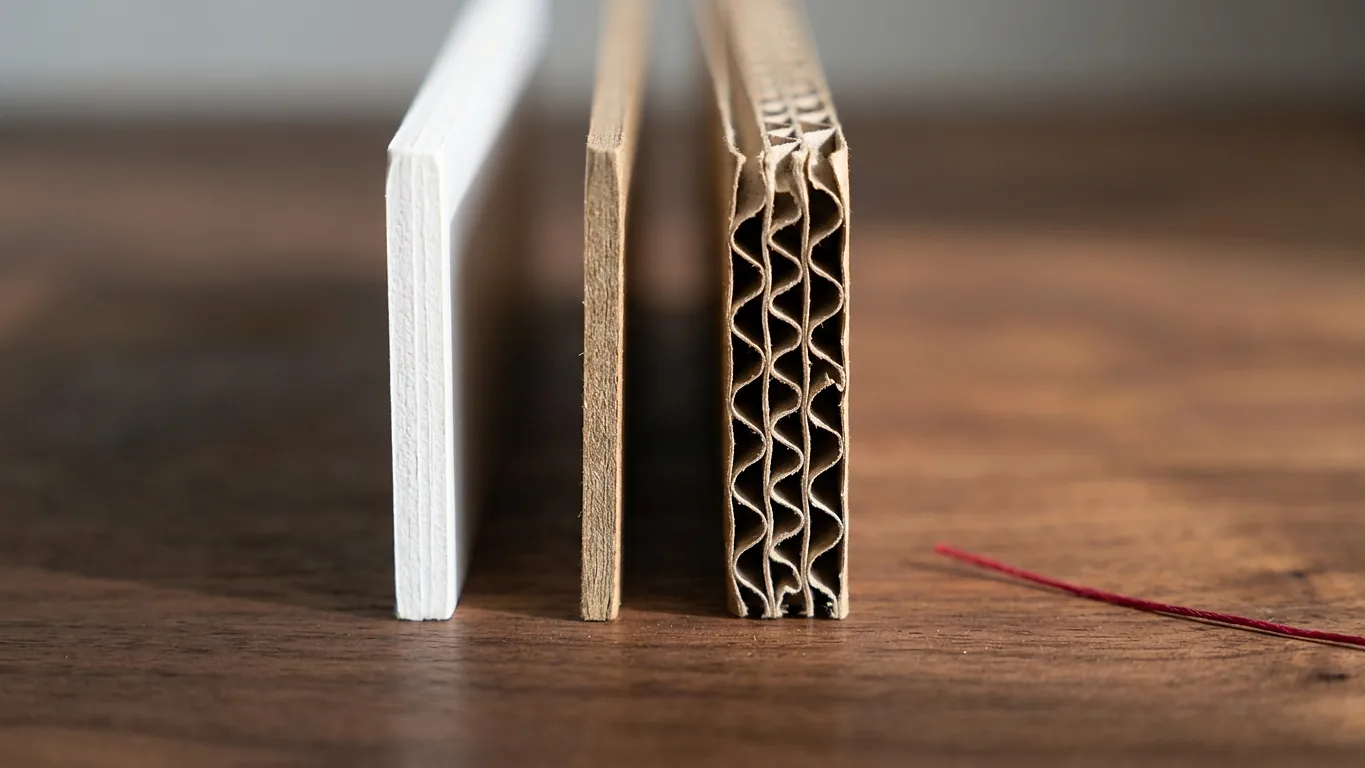 Cross sections of white coated board, kraft board and corrugated with the flute wave visible.