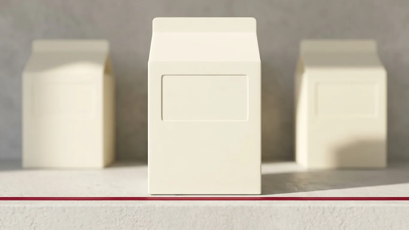 A cream carton at eye level on a concrete shelf, showing how little of the front panel a shopper sees.