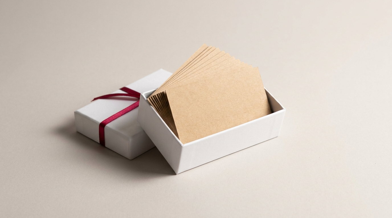 A small white business card box open with cards fanned inside