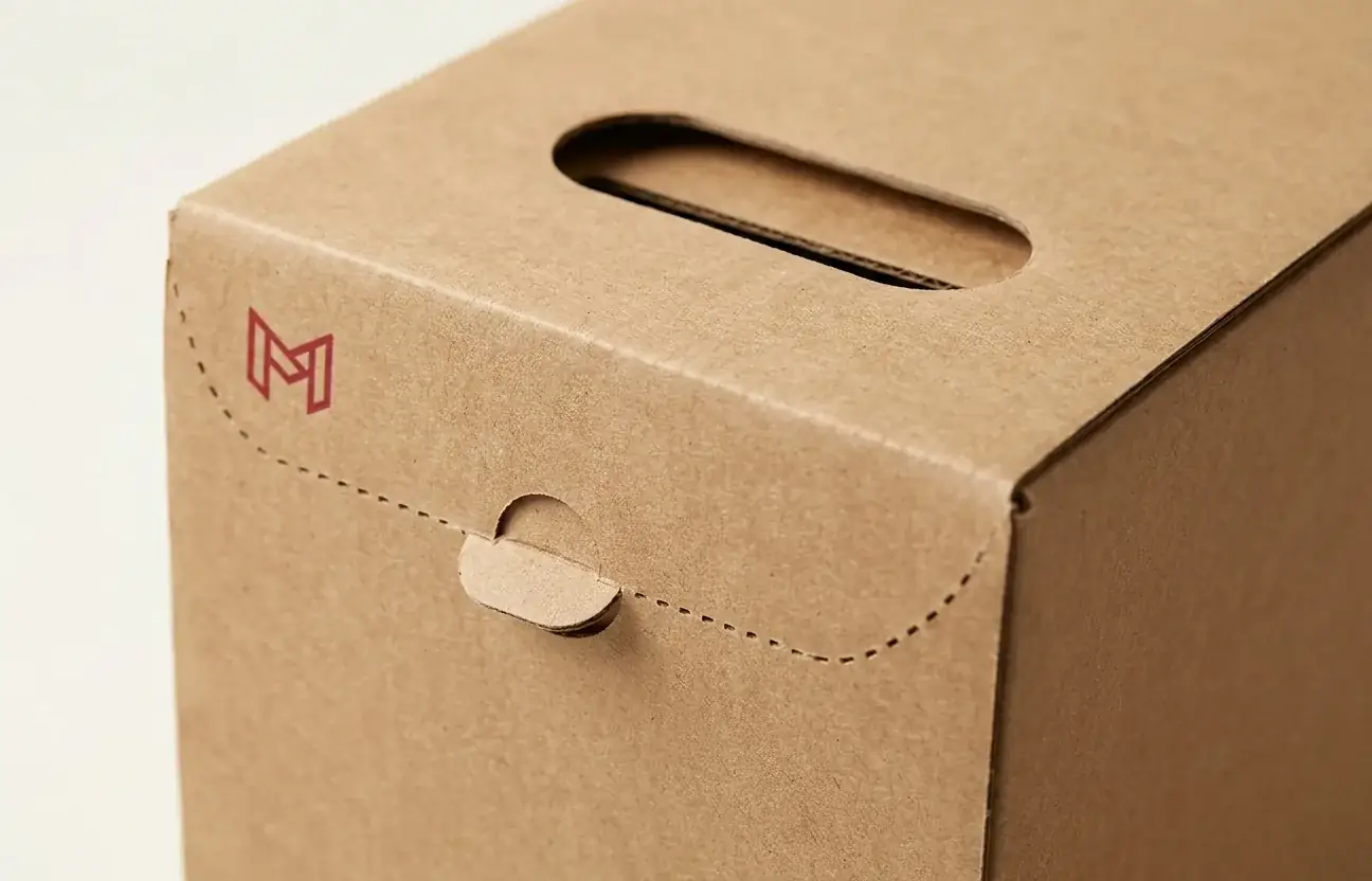 Kraft paperboard fridge pack carton with the dispenser end torn open on a refrigerator shelf