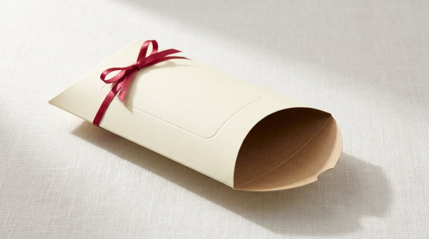A butter cream pillow box open at one curved end