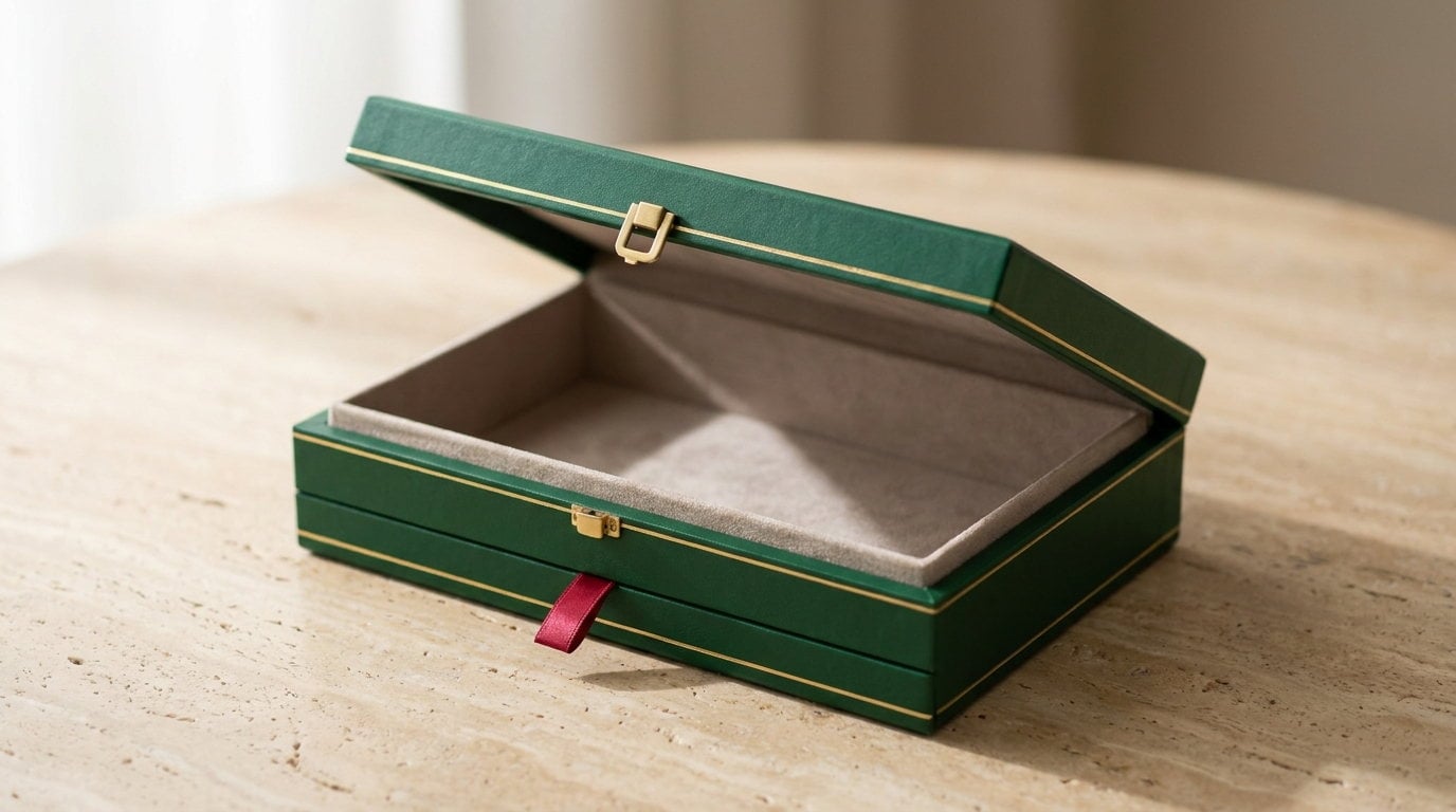 An emerald cigar box open on its hinge with the lined interior visible