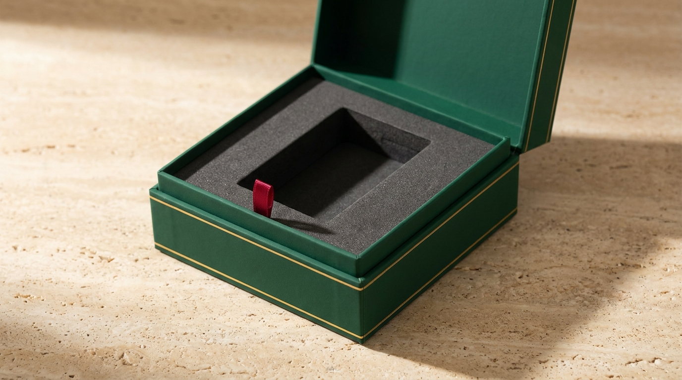 An emerald collectible box open with an empty foam cradle