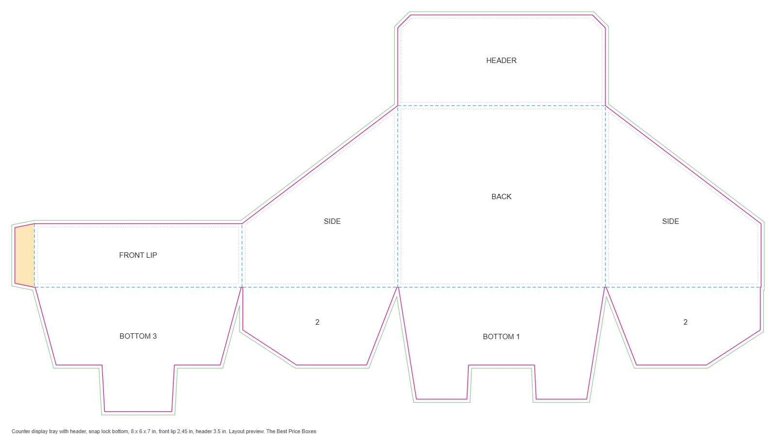 Counter display box dieline template showing front lip, sloped side panels, back panel with header card and snap lock bottom