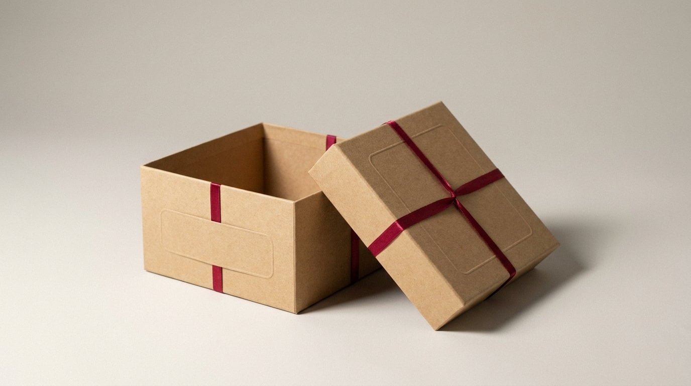 A kraft craft box open with the lid leaning against it
