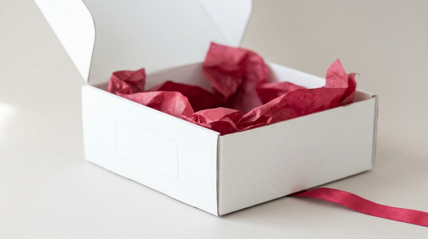 Crimson tissue paper crumpled inside an open white box