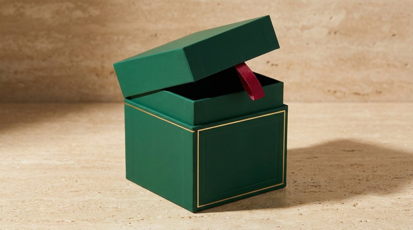 An emerald cube box with the lift-off lid raised at an angle