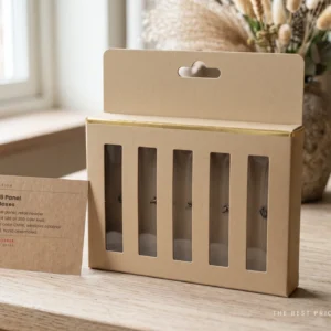 Custom five panel hanger box in kraft with five product windows and a tall retail header card die cut for a peg hook, next to a kraft spec card.