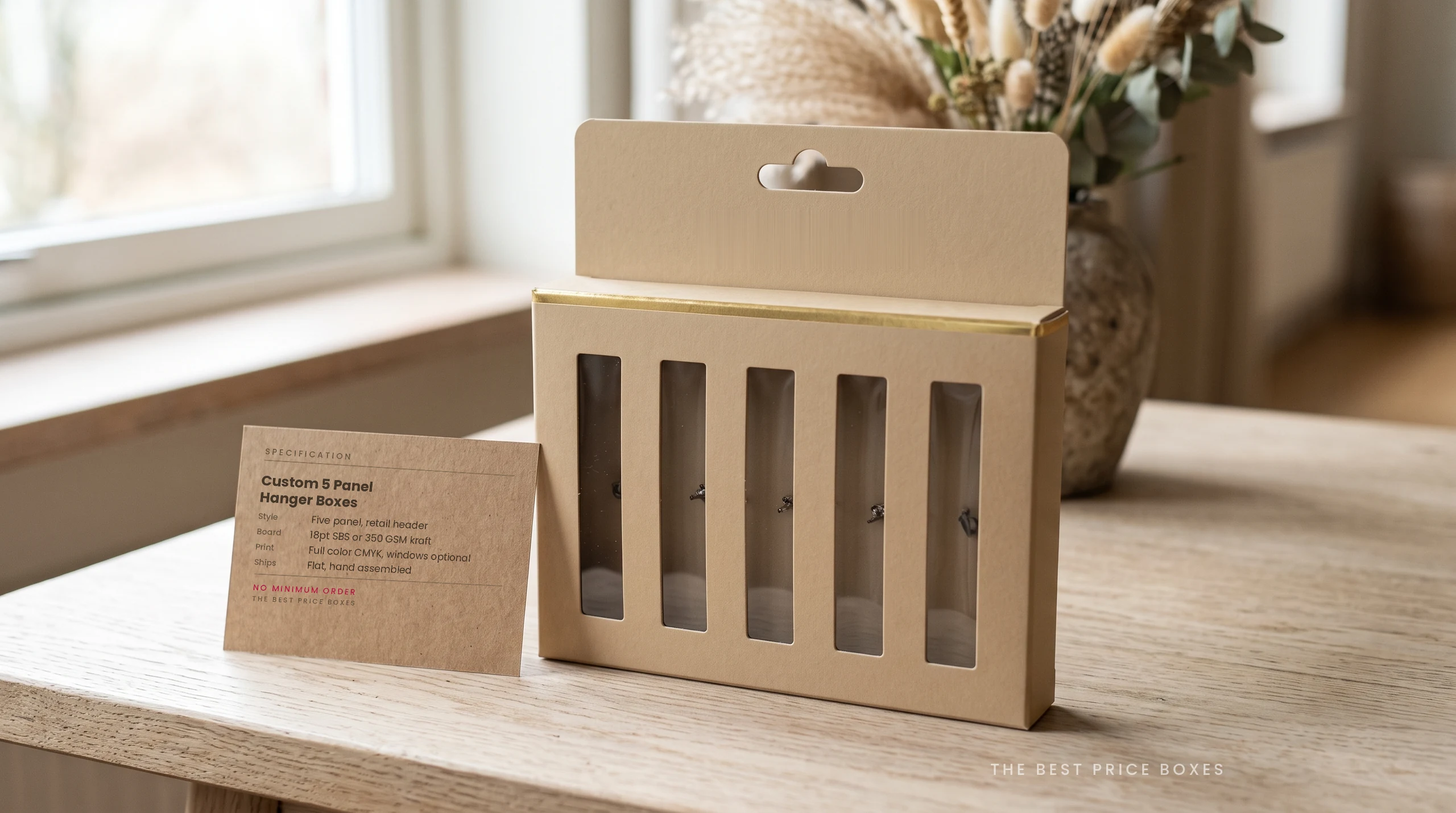 Custom five panel hanger box in kraft with five product windows and a tall retail header card die cut for a peg hook, next to a kraft spec card.