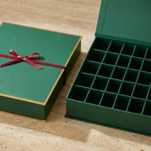 Custom Advent Calendar Boxes, closed and open view in deep emerald green, bulk and wholesale with no minimum order