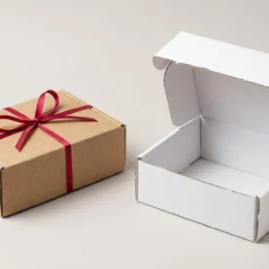 Custom Advertising Boxes, closed and open view in natural kraft and white, bulk and wholesale with no minimum order