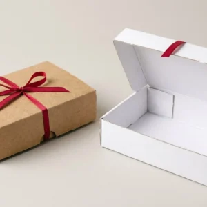 Custom Advertising Packaging, closed and open view in natural kraft and white, bulk and wholesale with no minimum order