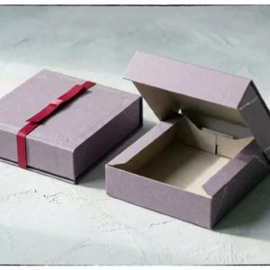 Custom Apparel Gift Boxes, closed and open view in dusty lavender, bulk and wholesale with no minimum order