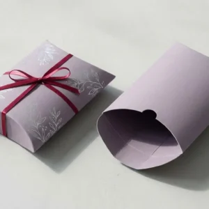Custom Apparel Pillow Boxes, closed and open view in dusty lavender, bulk and wholesale with no minimum order