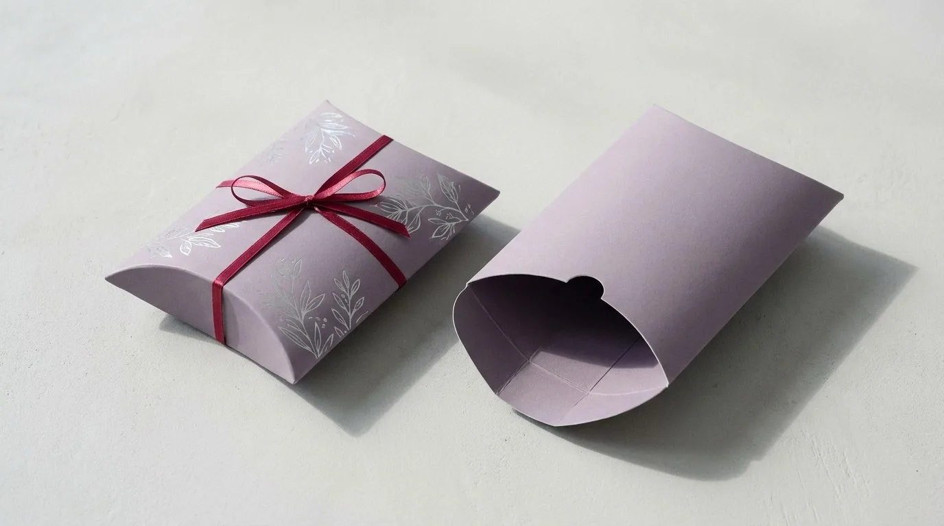 Custom Apparel Pillow Boxes, closed and open view in dusty lavender, bulk and wholesale with no minimum order