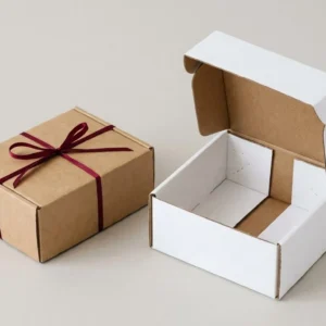 Custom Auto Bottom Boxes, closed and open view in natural kraft and white, bulk and wholesale with no minimum order