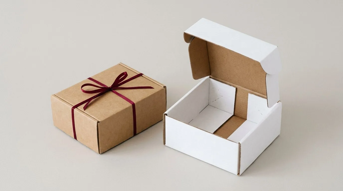 Custom Auto Bottom Boxes, closed and open view in natural kraft and white, bulk and wholesale with no minimum order