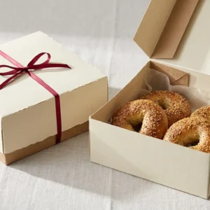 Custom Bagel Boxes, closed and open view in butter cream, bulk and wholesale with no minimum order