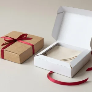 Custom Bandana Packaging, closed and open view in natural kraft and white, bulk and wholesale with no minimum order