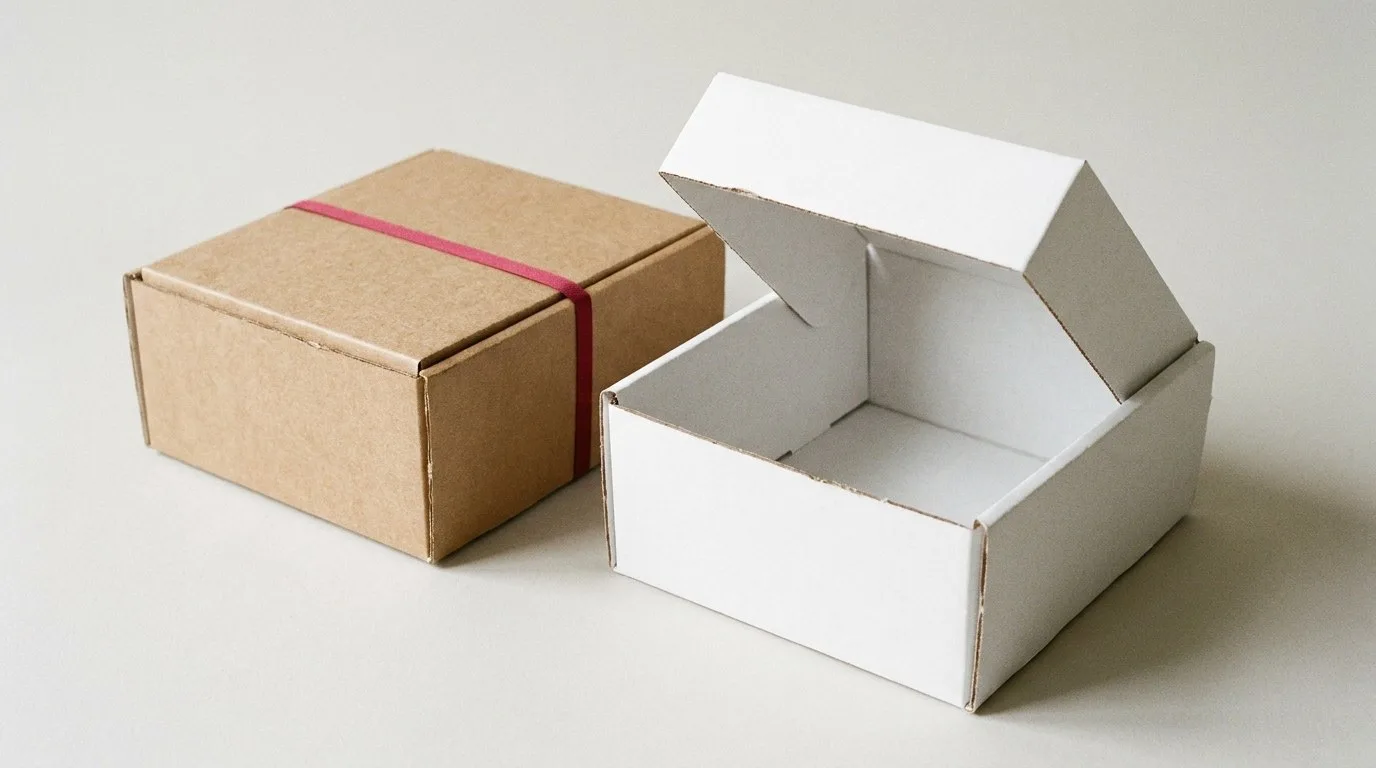 Custom Baseball Cap Boxes, closed and open view in natural kraft and white, bulk and wholesale with no minimum order
