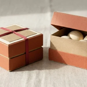 Custom Bath Bomb Boxes, closed and open view in warm terracotta, bulk and wholesale with no minimum order