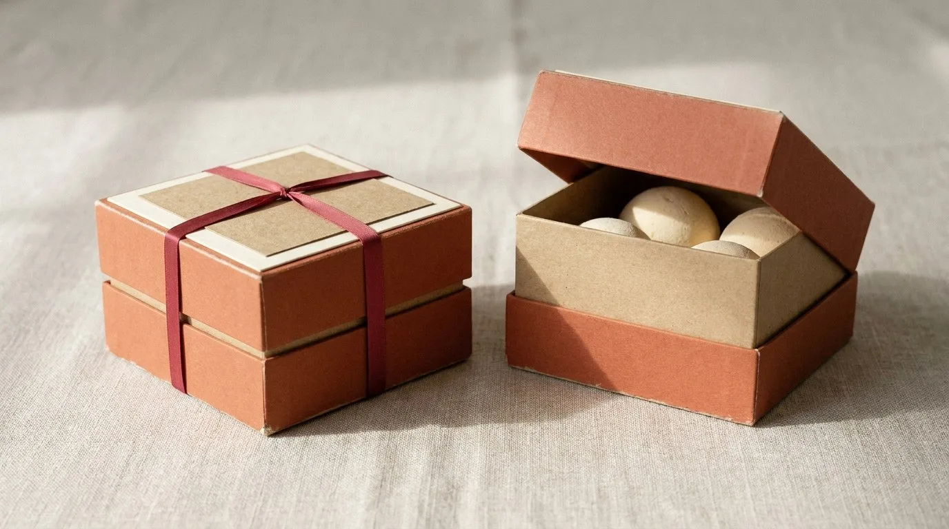 Custom Bath Bomb Boxes, closed and open view in warm terracotta, bulk and wholesale with no minimum order