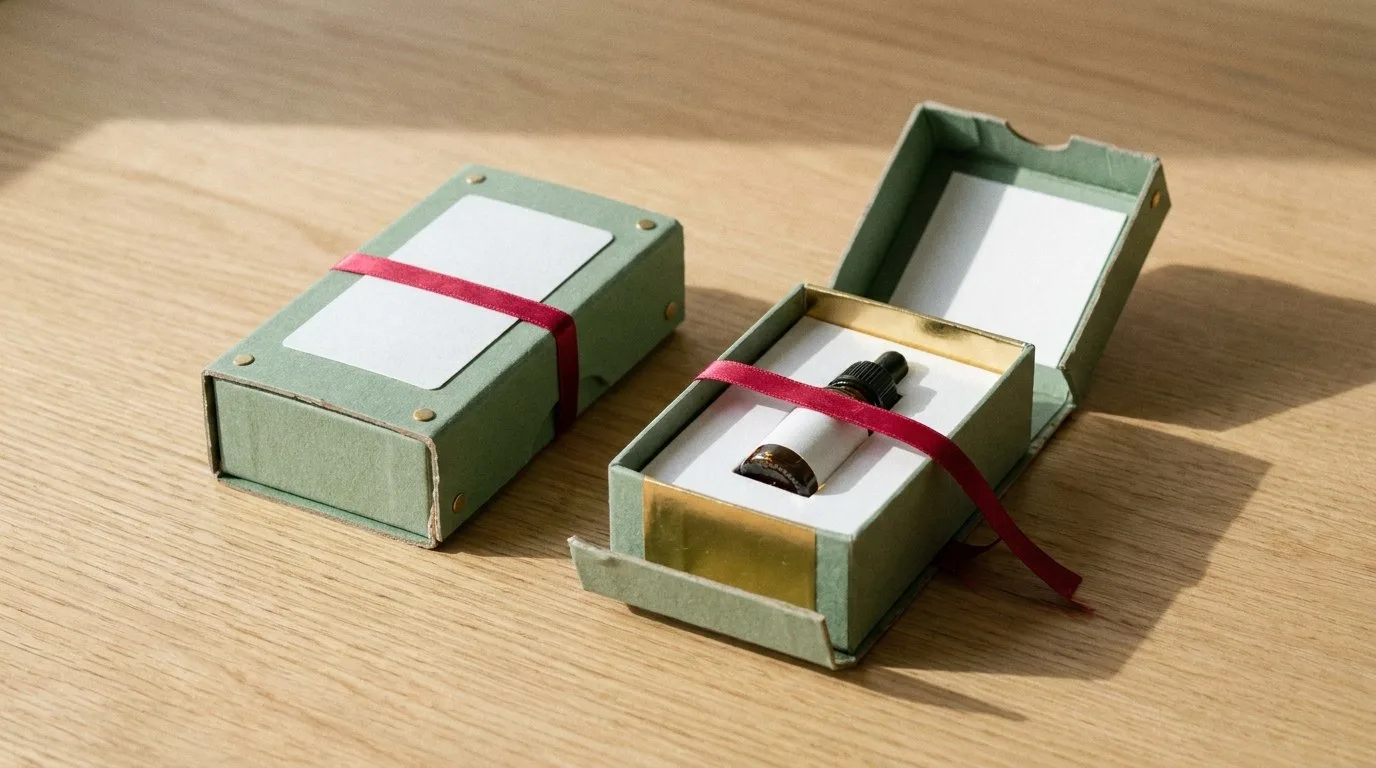 Custom Beard Oil Packaging, closed and open view in sage green, bulk and wholesale with no minimum order