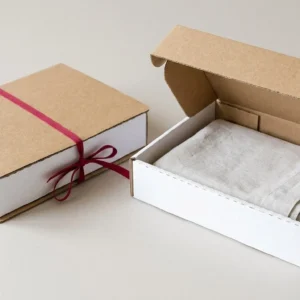 Custom Bedding Packaging, closed and open view in natural kraft and white, bulk and wholesale with no minimum order