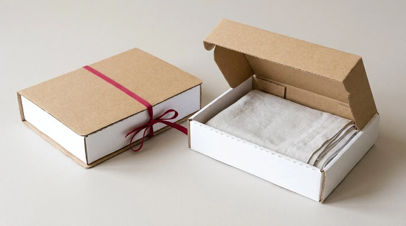 Custom Bedding Packaging, closed and open view in natural kraft and white, bulk and wholesale with no minimum order