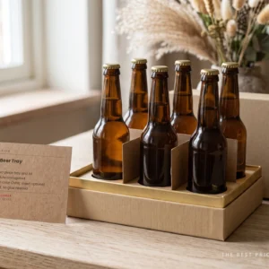 Custom corrugated beer tray in kraft holding six brown bottles in a fitted divider insert, with the flat lid resting behind and a kraft spec card in front.