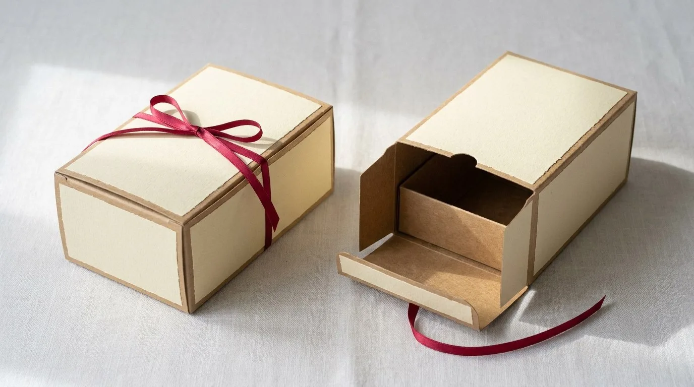 Custom Beverage Boxes, closed and open view in butter cream, bulk and wholesale with no minimum order