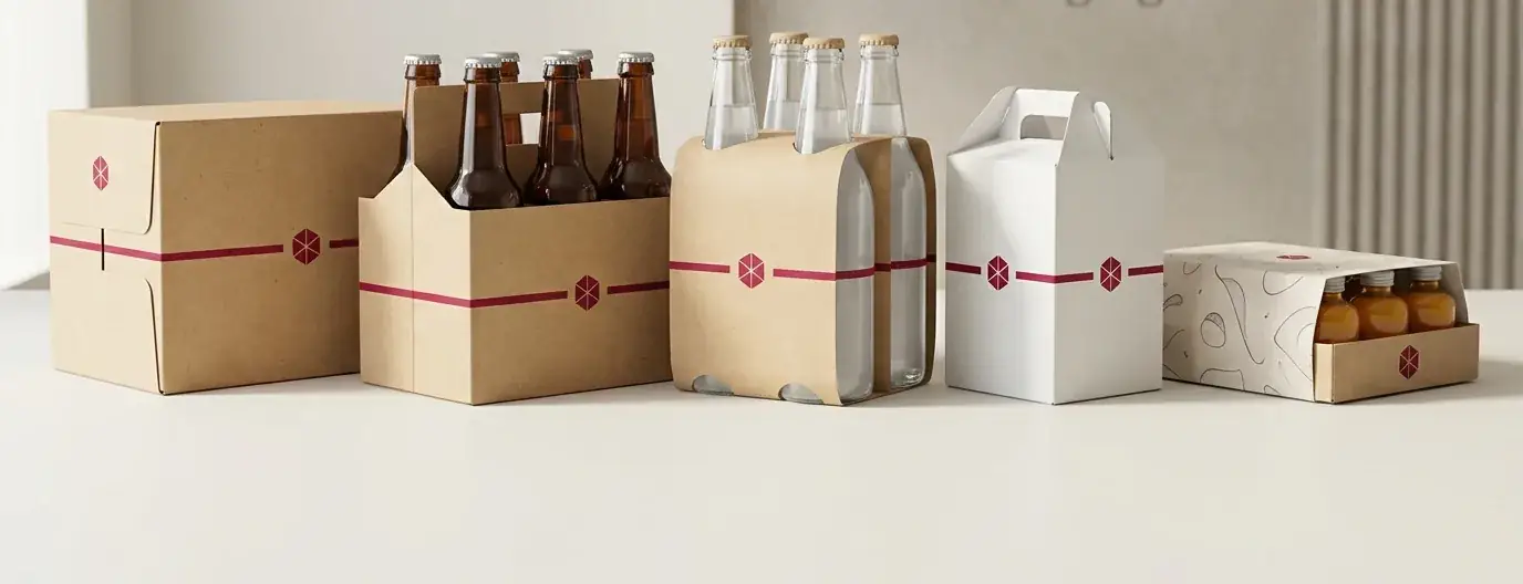 Five styles of paperboard beverage carton for bottles on a studio table