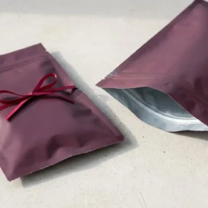 Custom Biodegradable Mylar Bags, closed and open view in deep plum, bulk and wholesale with no minimum order