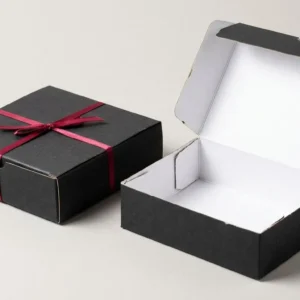 Custom Black Kraft Boxes, closed and open view in natural kraft and white, bulk and wholesale with no minimum order