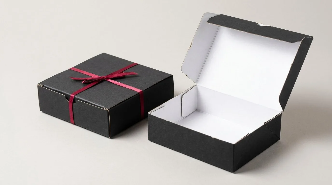 Custom Black Kraft Boxes, closed and open view in natural kraft and white, bulk and wholesale with no minimum order