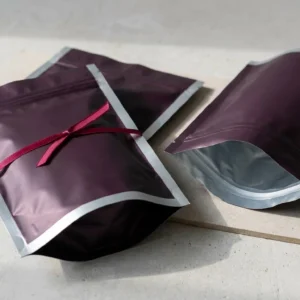 Custom Black Mylar Bags, closed and open view in deep plum, bulk and wholesale with no minimum order