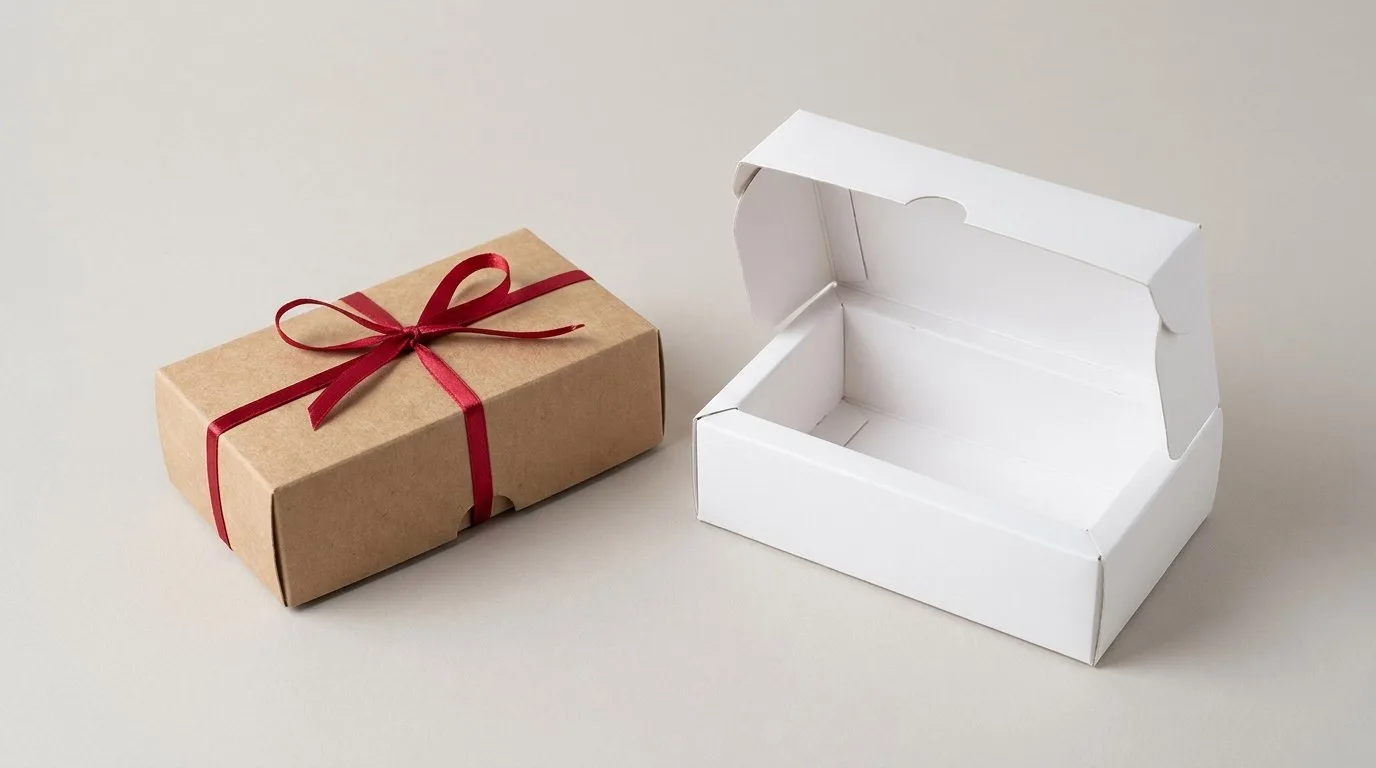 Custom Bonbon boxes, closed and open view in natural kraft and white, bulk and wholesale with no minimum order