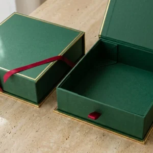 Custom Book Style Rigid Boxes, closed and open view in deep emerald green, bulk and wholesale with no minimum order